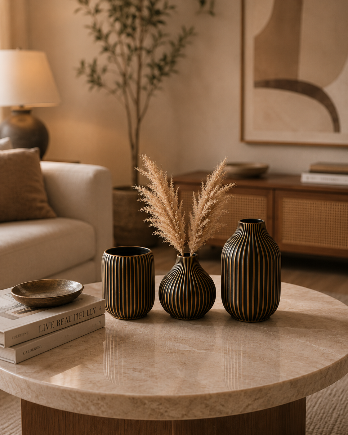 Noir Aurelia Ribbed Vase Set – Set of 3