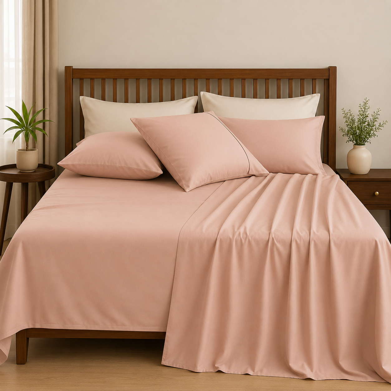 Luxe 350 TC pure cotton solid bedsheet set from The Gharnish with smooth, soft fabric in a neutral color, perfect for elegant bedding.