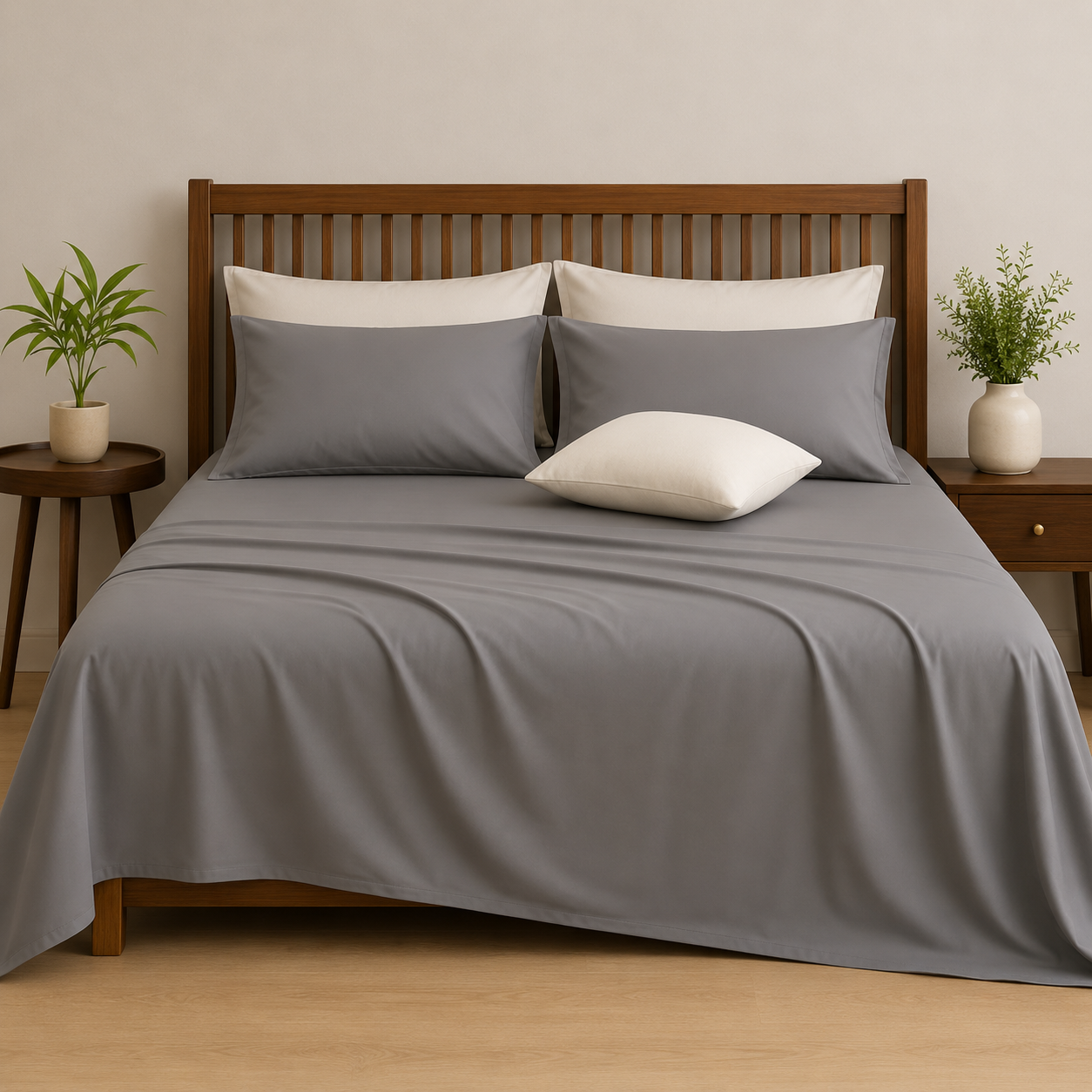 Pure white Luxe 350 TC cotton bedsheet set by The Gharnish, featuring a smooth, solid bedding design for a luxurious bedroom look.