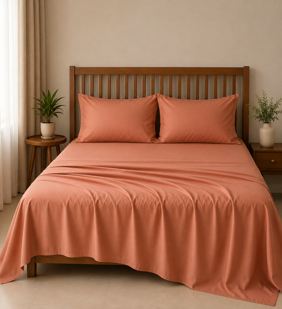 Pure white Luxe 350 TC cotton bedding set with solid bedsheets from The Gharnish, showcasing smooth, high-thread-count fabric.