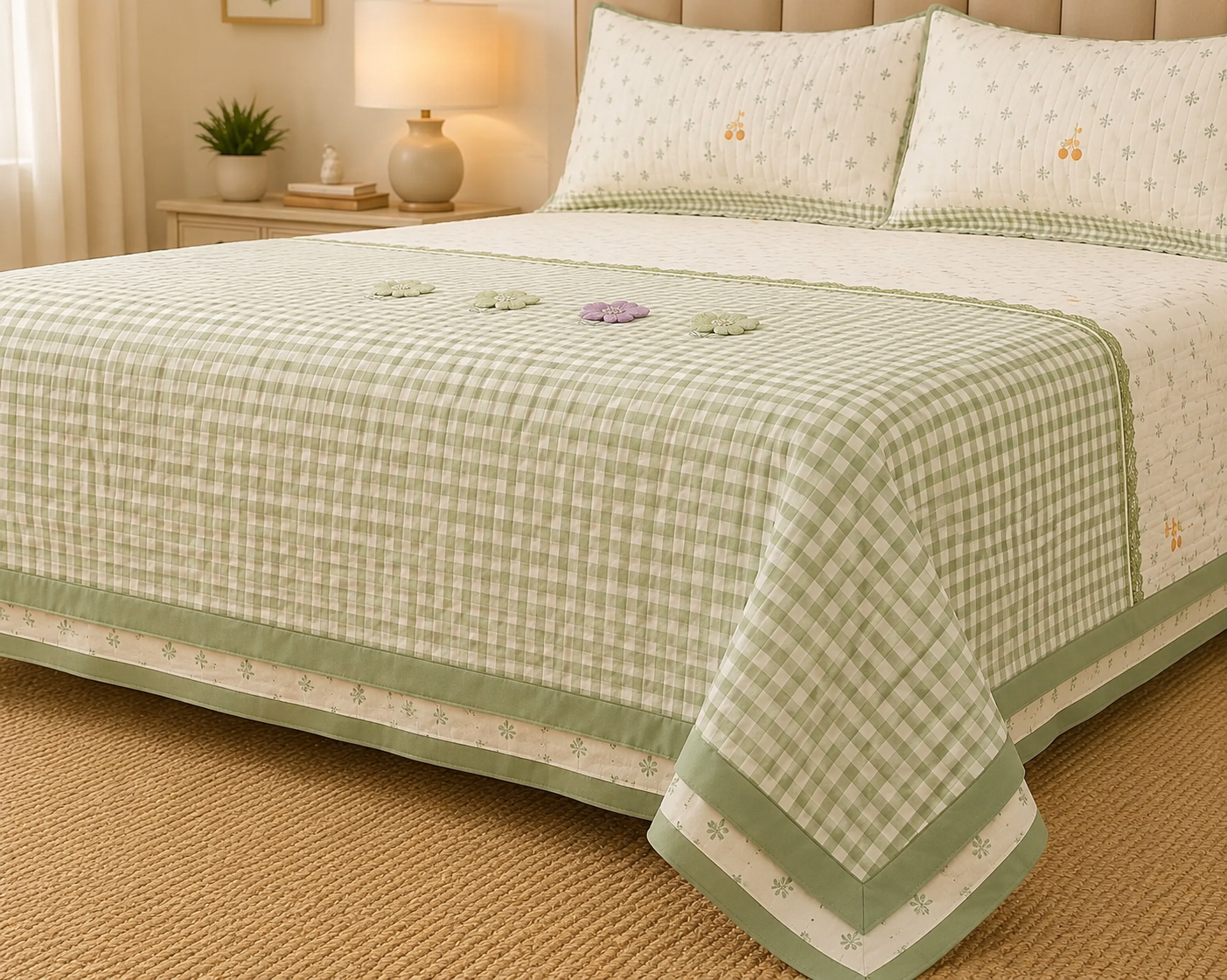 Gingham 3D floral king size quilted bedcover by The Gharnish, featuring a checked pattern and floral embroidery for bedding decor.
