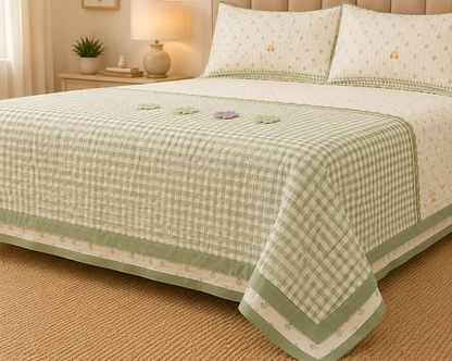 Gingham 3D floral king size quilted bedcover by The Gharnish, featuring a checked pattern and floral embroidery for bedding decor.