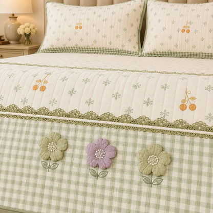 Gingham 3D floral quilted king size bedcover by The Gharnish with a floral and gingham pattern, plush and comfortable bedding piece.