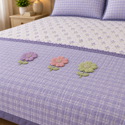 Gingham 3D floral king size quilted bedcover by The Gharnish, featuring a floral pattern and quilted texture for bedding decor.