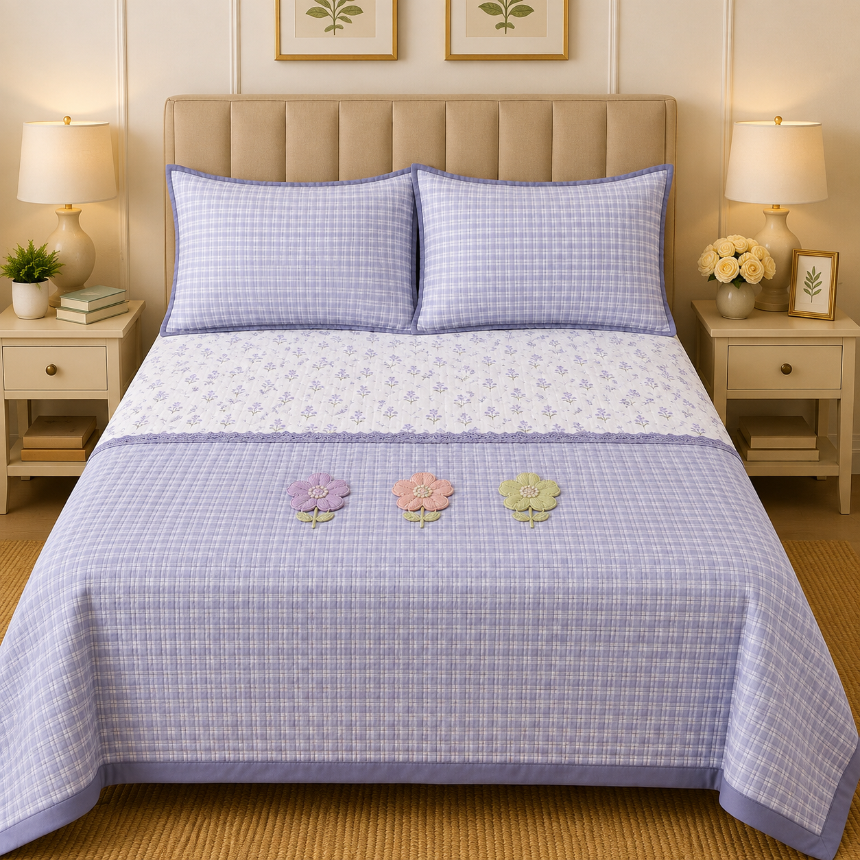 Gingham 3D floral king size quilted bedcover by The Gharnish with a floral pattern and quilted texture in a bedding image