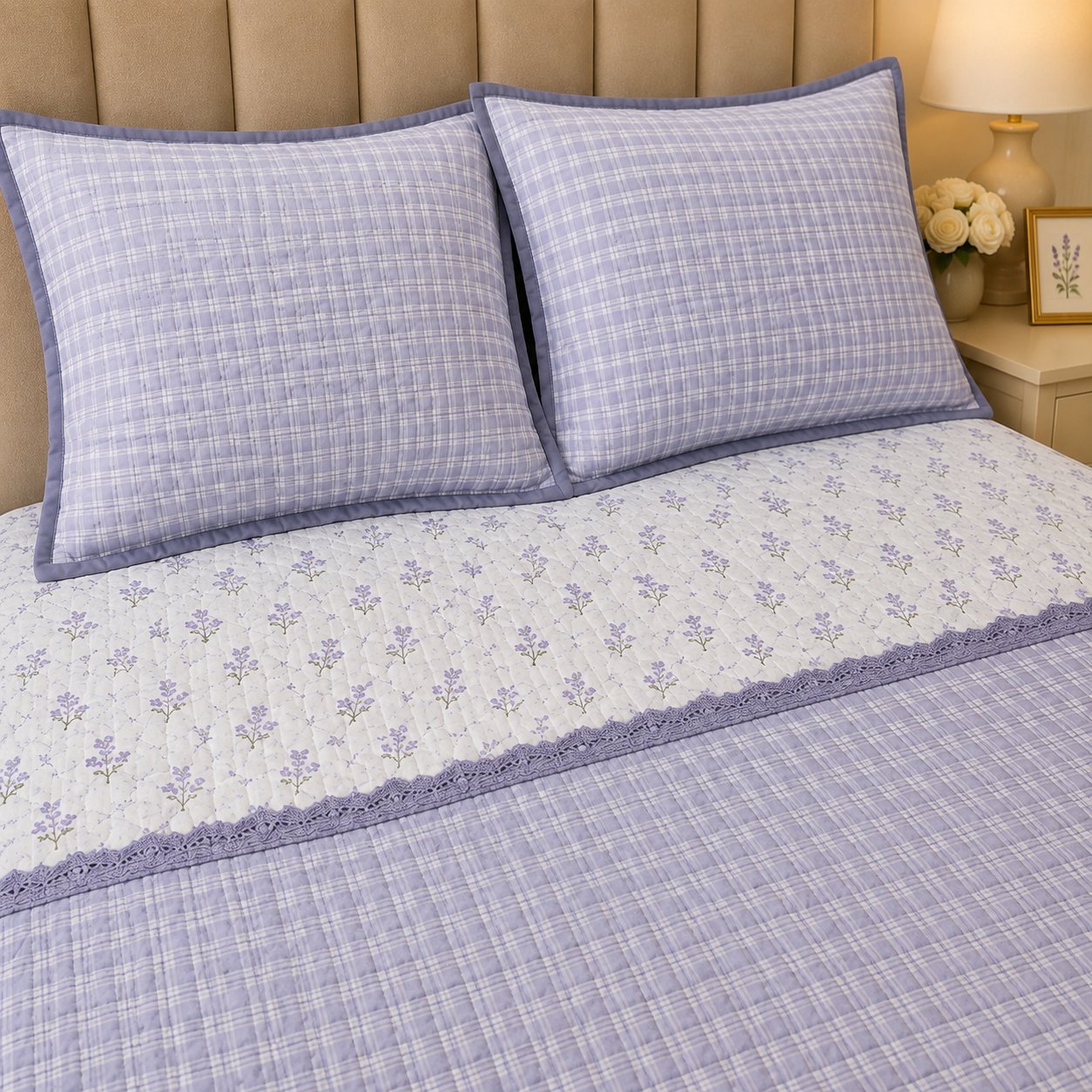 Gingham 3D floral king size quilted bedcover by The Gharnish, featuring a floral pattern and quilted texture for bedding.