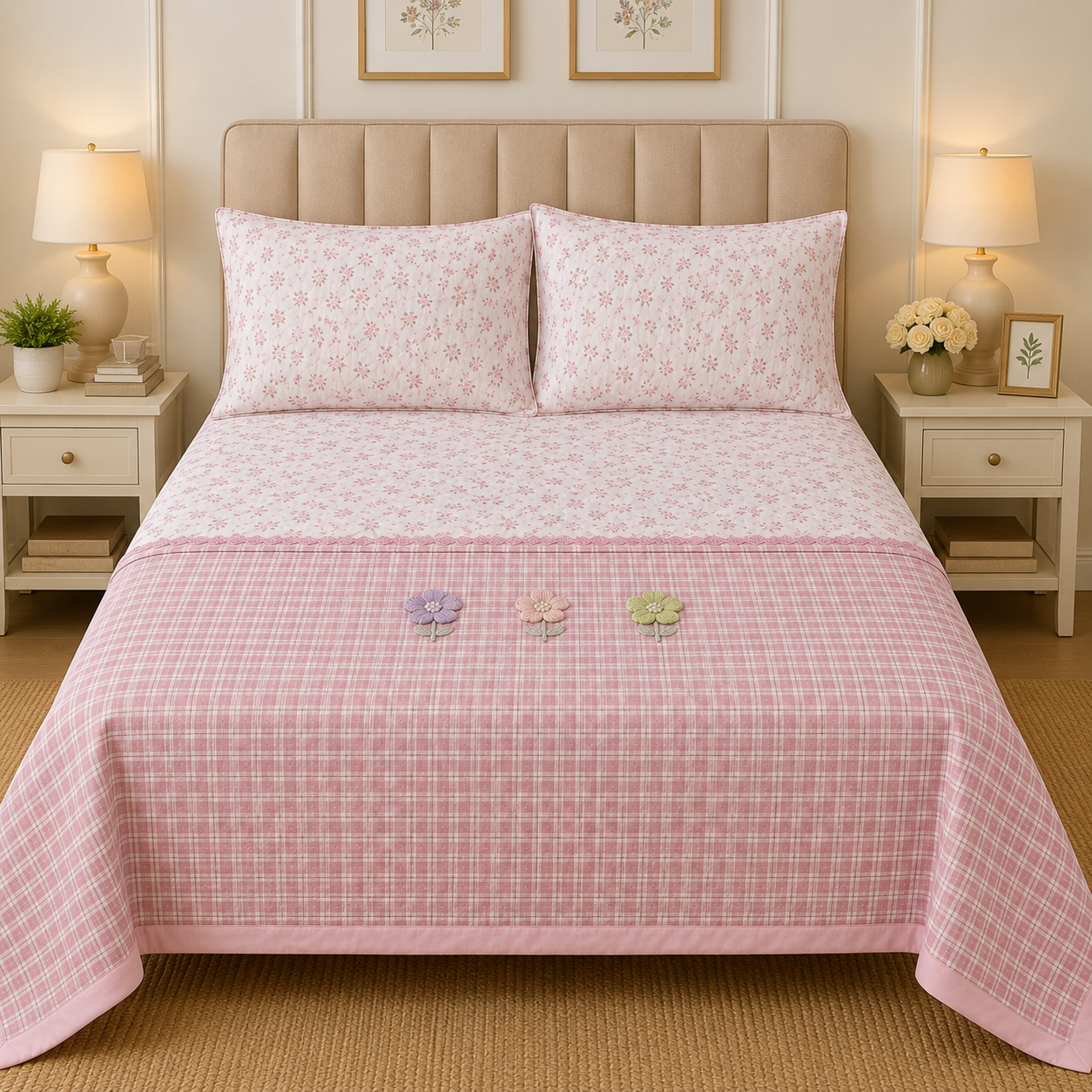 Gingham 3D floral king size quilted bedcover by The Gharnish, featuring a floral pattern and quilted texture for bedding decor.