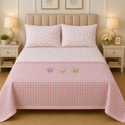 Gingham 3D floral king size quilted bedcover by The Gharnish, featuring a floral pattern and quilted texture for bedding decor.