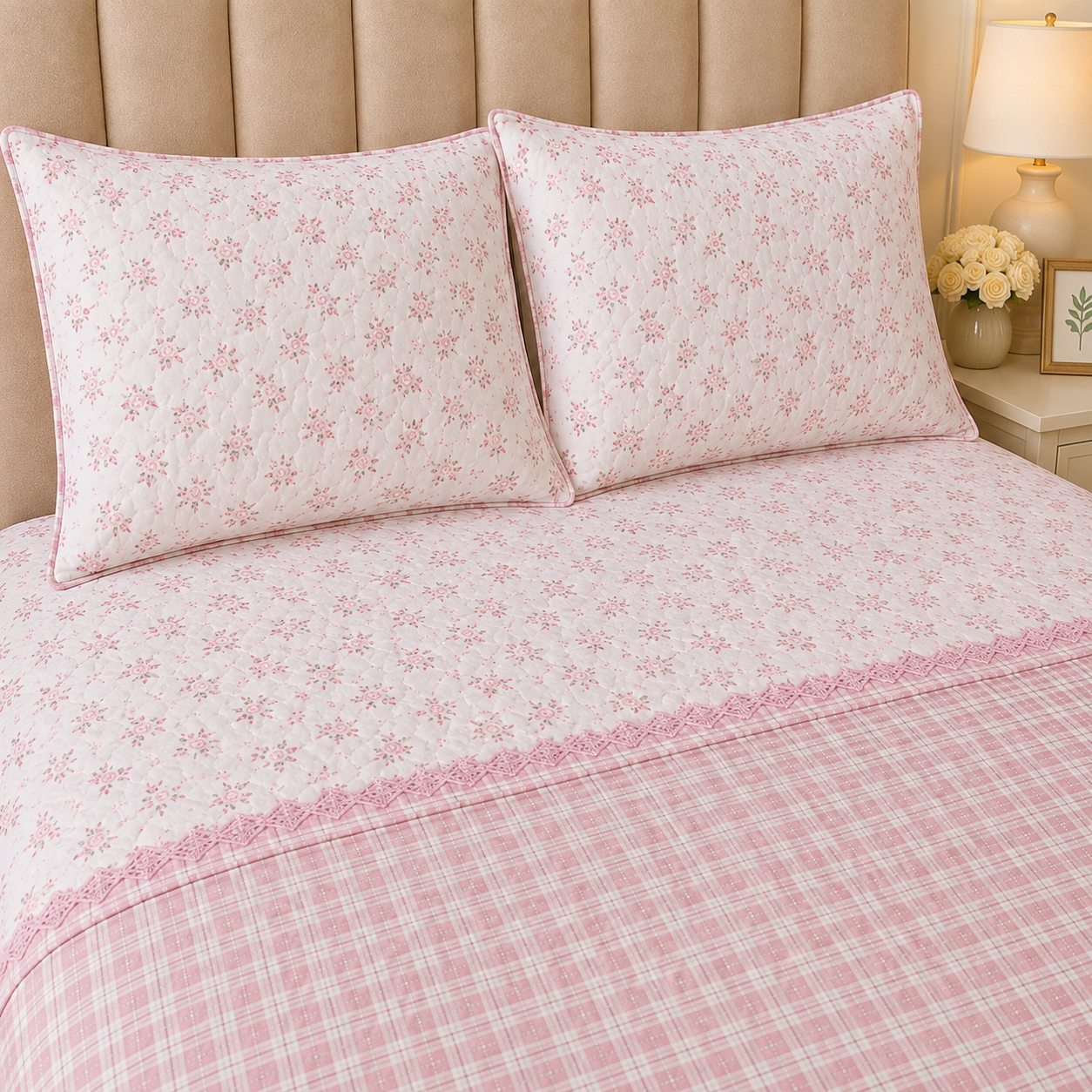 Gingham 3D floral king size quilted bedding bedcover by The Gharnish with a floral pattern and quilted texture.