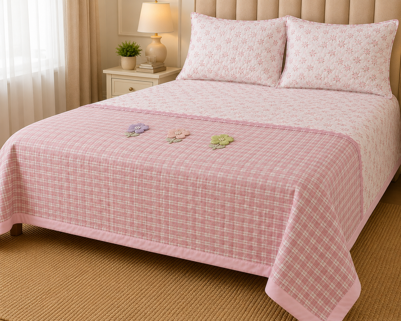 Gingham 3D floral king size quilted bedcover from The Gharnish, featuring a floral pattern and soft, quilted bedding texture.