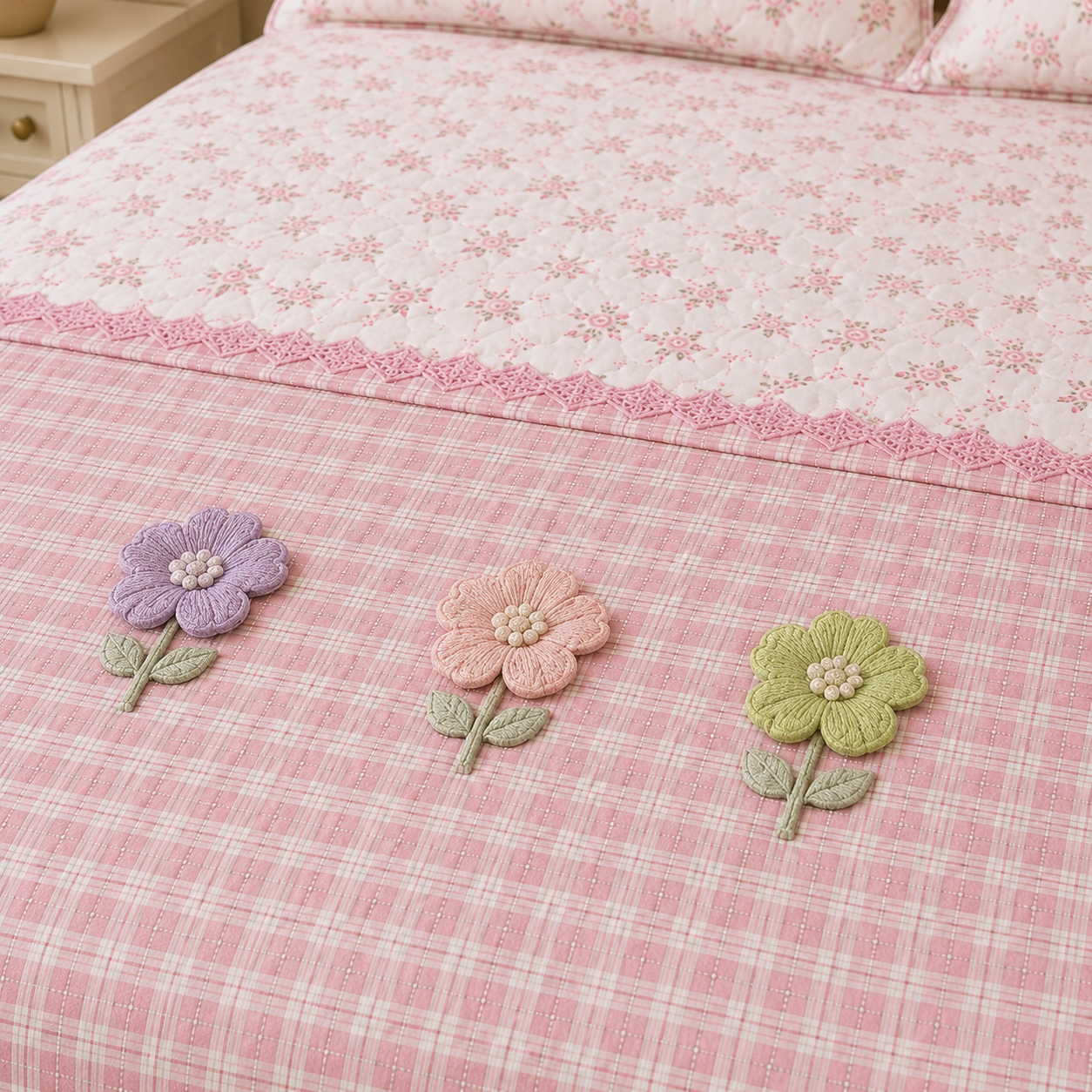 Gingham 3D floral king size quilted bedcover by The Gharnish, featuring a floral pattern and quilted texture for bedding.