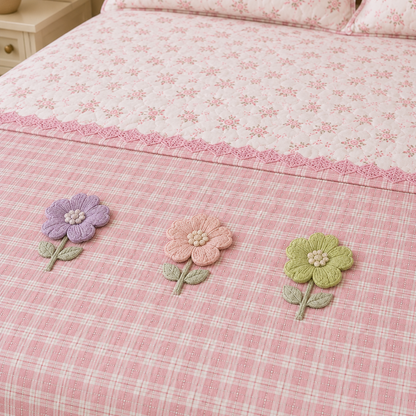 Gingham 3D floral king size quilted bedcover by The Gharnish, featuring a floral pattern and quilted texture for bedding.
