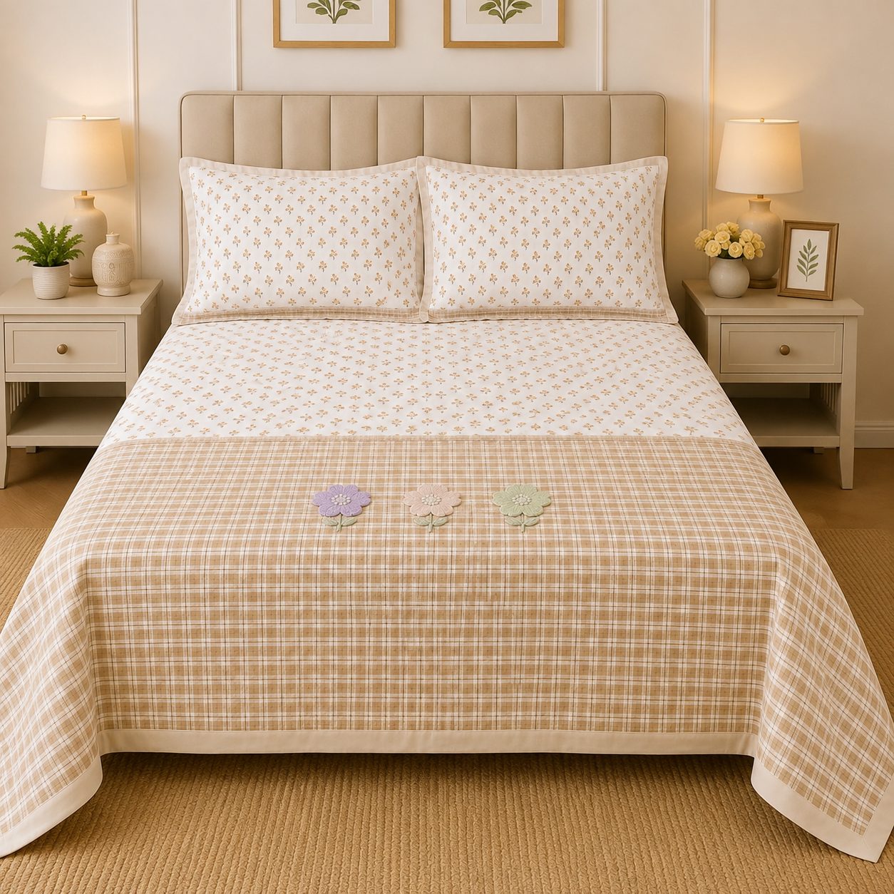 Gingham 3D floral king size quilted bedcover by The Gharnish, with a floral pattern and quilted texture on a bed.