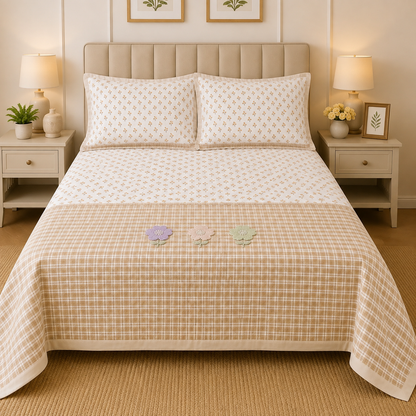 Gingham 3D floral king size quilted bedcover by The Gharnish, with a floral pattern and quilted texture on a bed.