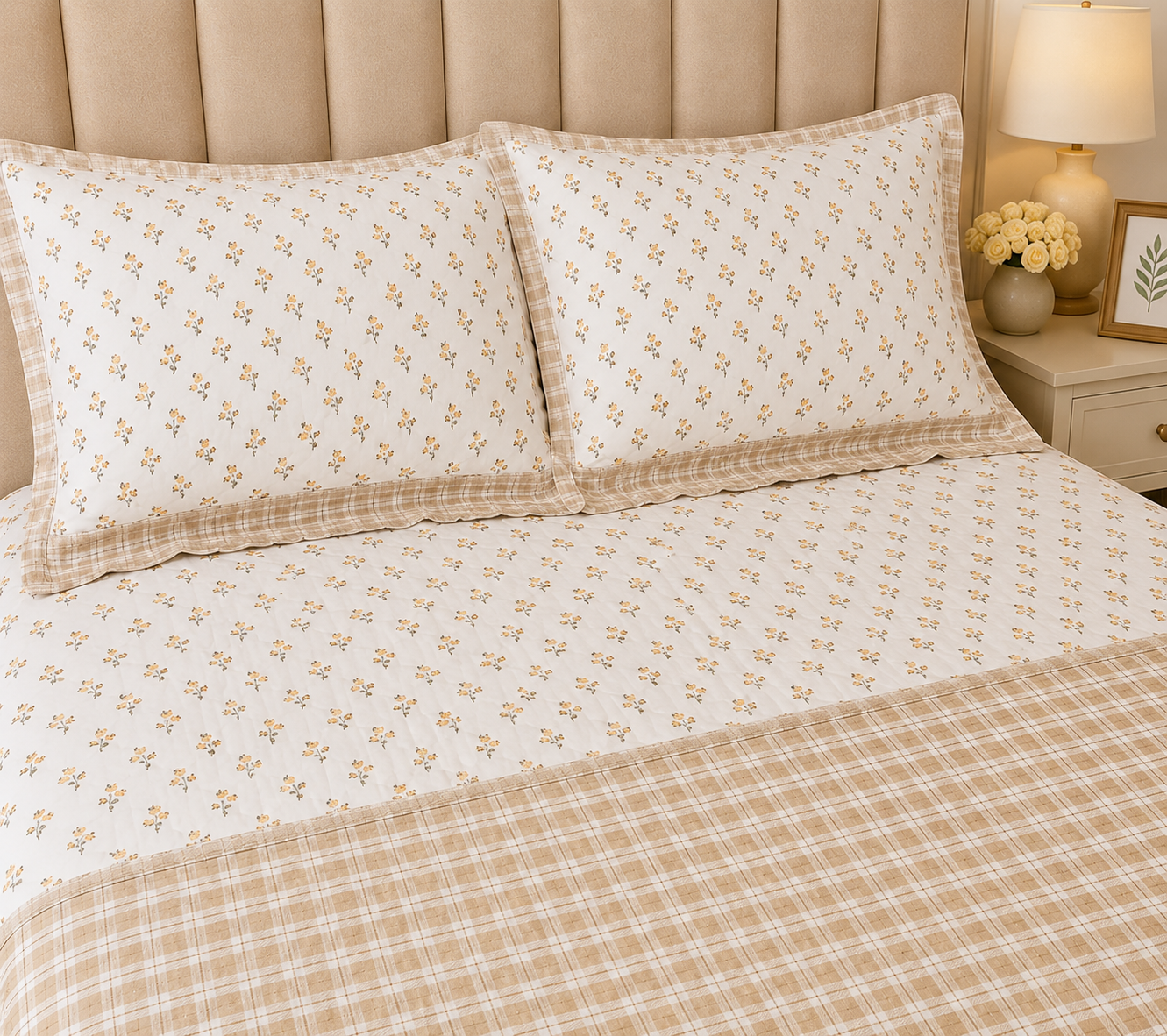 Gingham 3D floral king size quilted bedding bedcover by The Gharnish with a floral pattern and quilted texture.