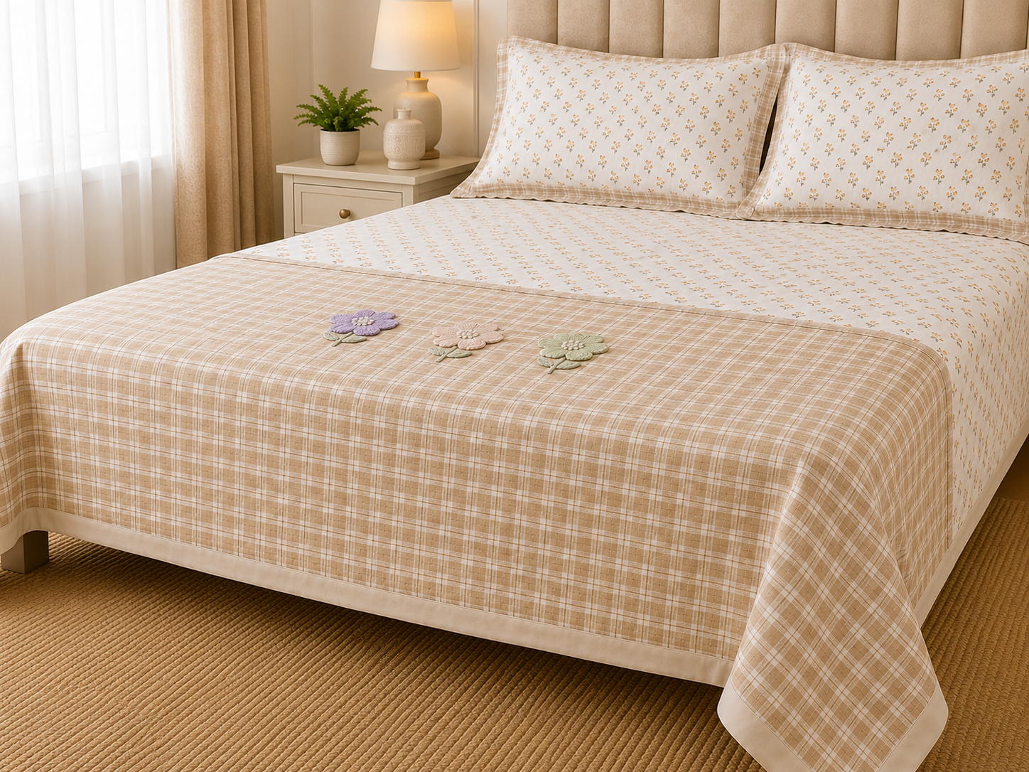 Gingham 3D floral king size quilted bedcover by The Gharnish, featuring a floral pattern and quilted bedding design.
