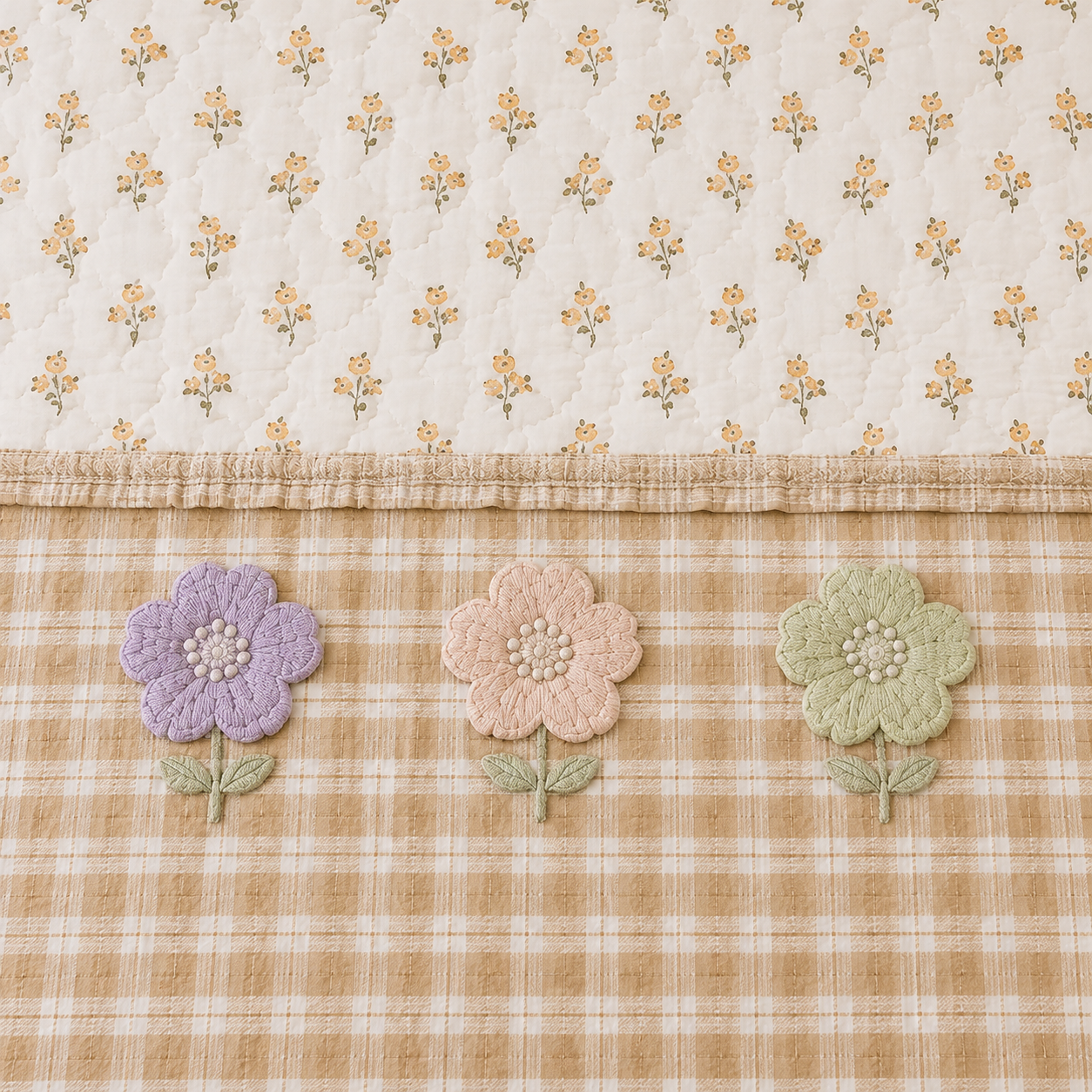 Gingham 3D floral king size quilted bedding bedcover by The Gharnish with a floral pattern and quilted texture.