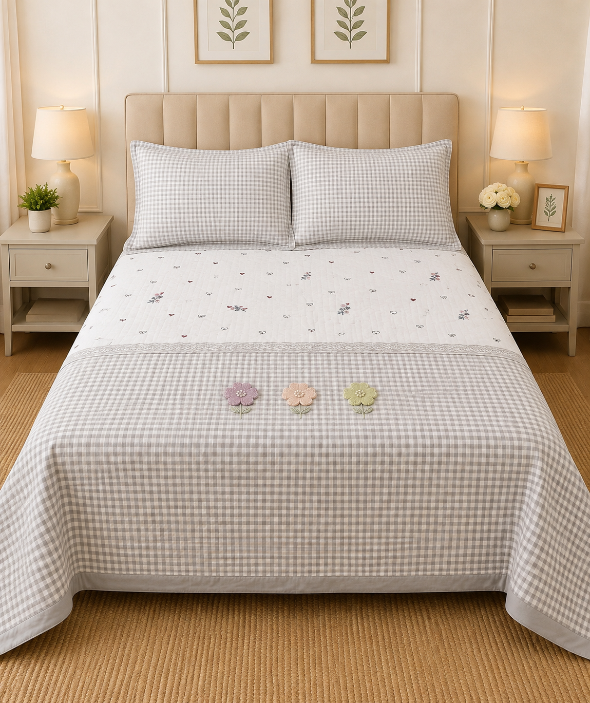 Gingham 3D floral king size quilted bedcover by The Gharnish with a floral pattern and quilted texture for bedding decor.