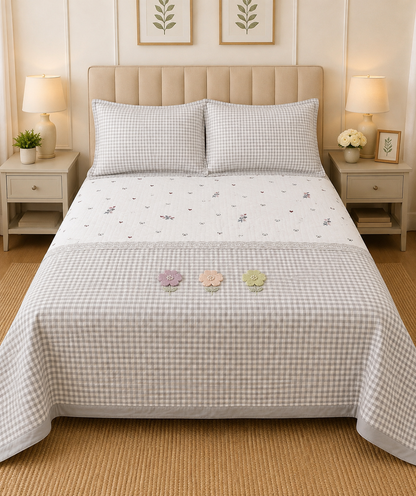 Gingham 3D floral king size quilted bedcover by The Gharnish with a floral pattern and quilted texture for bedding decor.