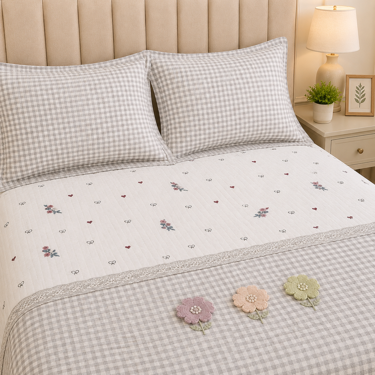 Gingham 3D floral king size quilted bedcover by The Gharnish with a floral pattern and quilted texture for bedding decor.