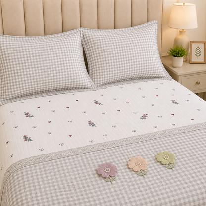 Gingham 3D floral king size quilted bedcover by The Gharnish with a floral pattern and quilted texture for bedding decor.