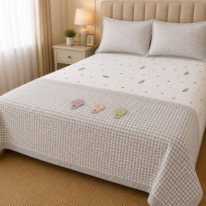 Gingham 3D floral king size quilted bedcover by The Gharnish, featuring a floral and gingham pattern on soft bedding fabric.