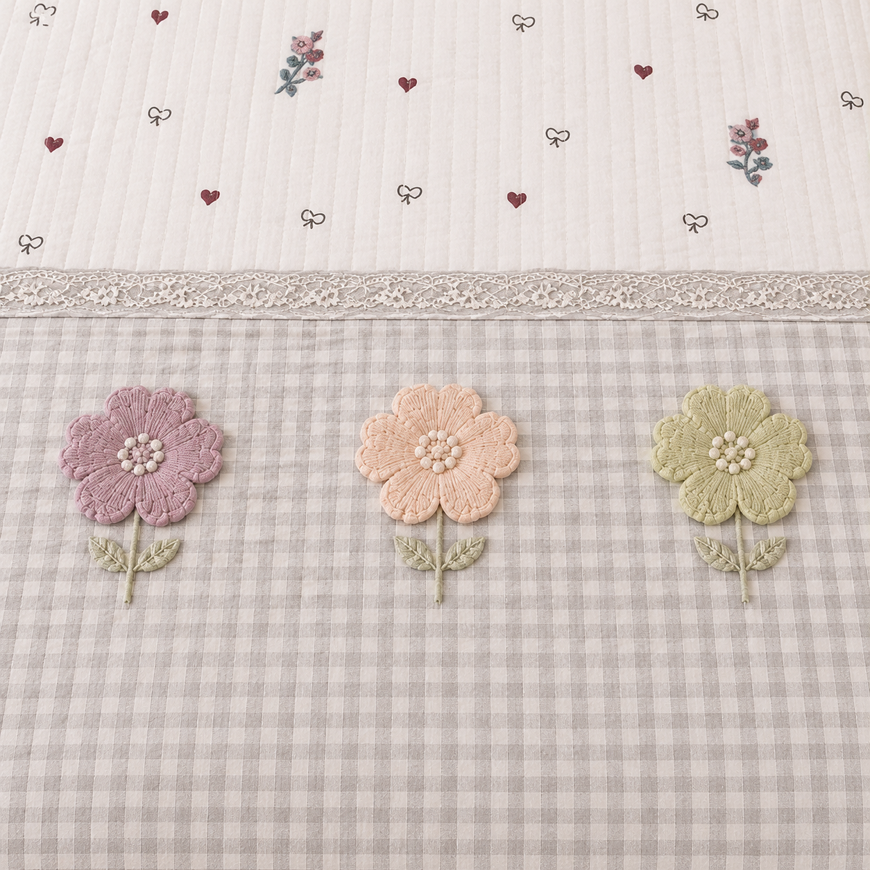 Gingham 3D floral king size quilted bedcover by The Gharnish featuring a floral pattern and quilted texture.