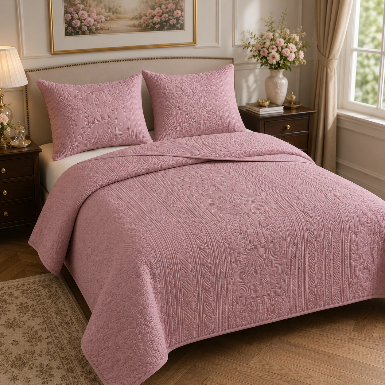 Royal Orchid quilted bedcover set of 3 in elegant bedding, featuring floral patterns and plush fabric from The Gharnish.