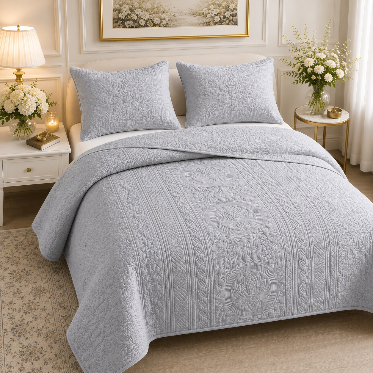 Royal Orchid quilted bedding set of 3 by The Gharnish, featuring elegant floral patterns and soft, plush fabric for a luxurious bedroom look.