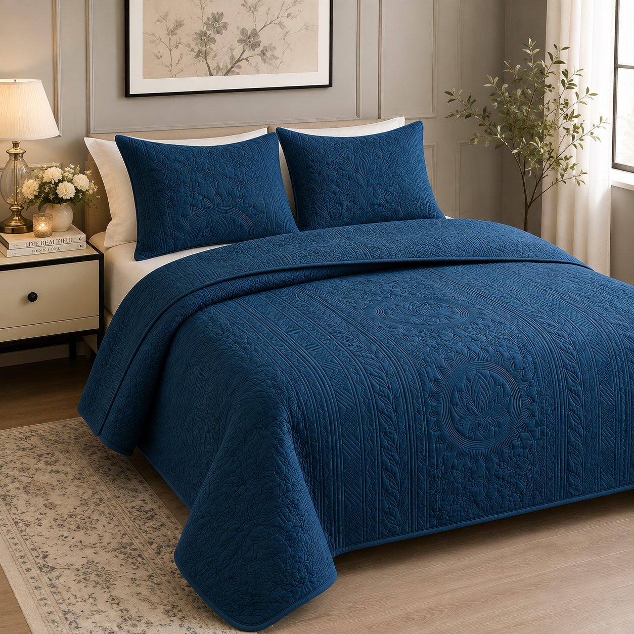 Royal Orchid quilted bedding set of 3 by The Gharnish, featuring elegant floral patterns and soft, luxurious fabric.