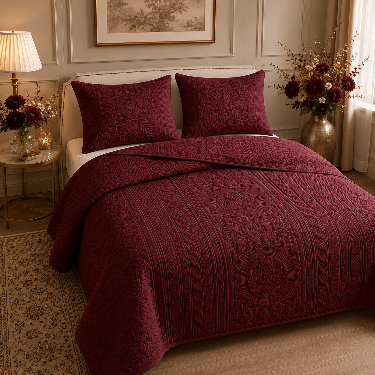 Royal Orchid quilted bedding set of 3 by The Gharnish, featuring elegant floral patterns and soft fabric for a cozy bedroom look.