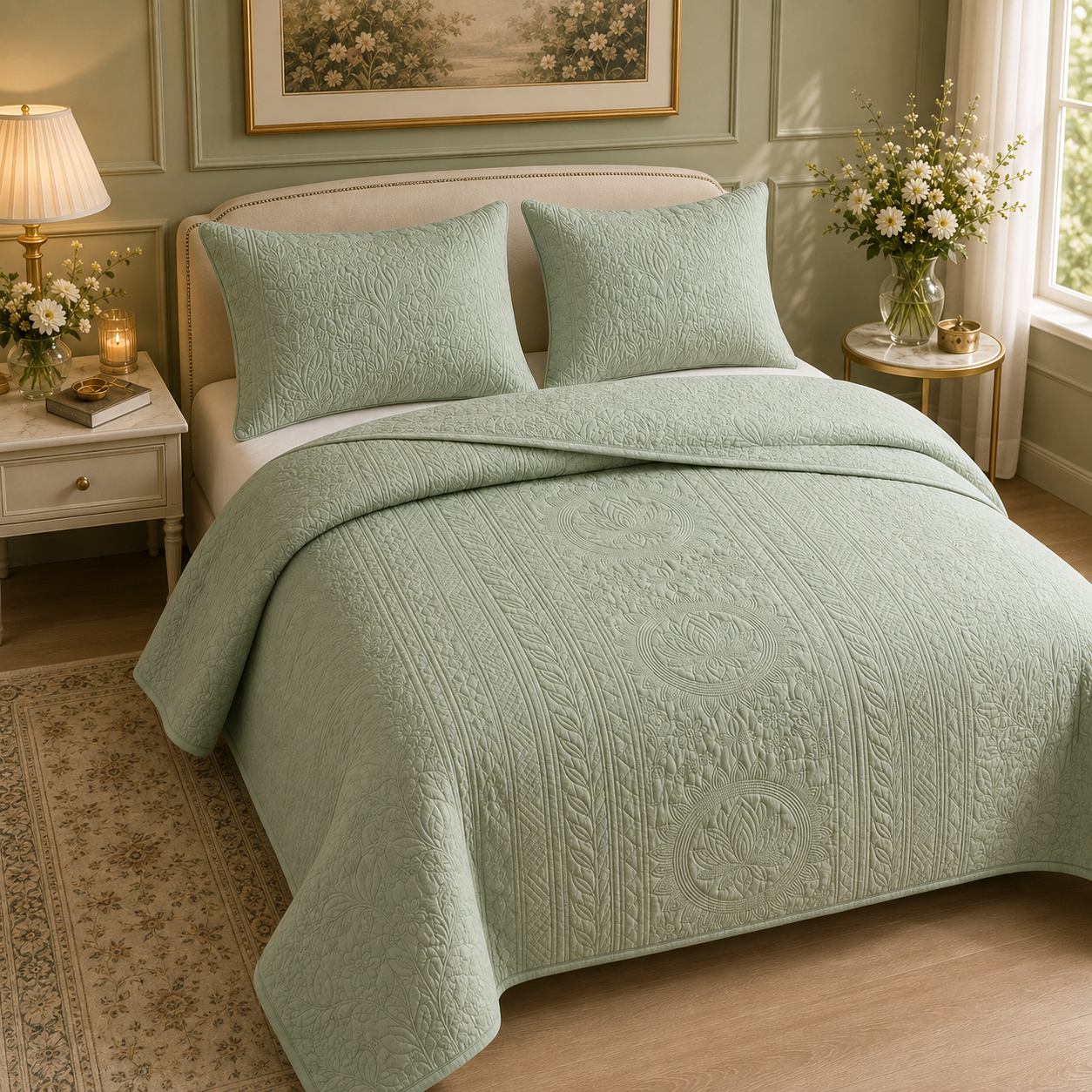 Royal Orchid quilted bedding set of 3 by The Gharnish, featuring elegant floral quilted bedcover designs on soft fabric.