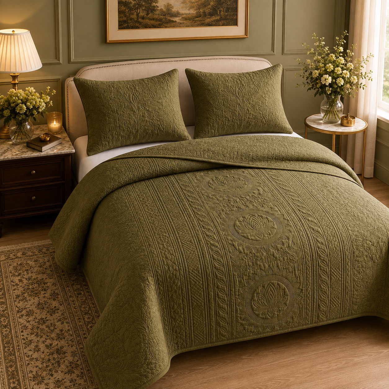 Royal Orchid quilted bedding set of 3 by The Gharnish, featuring elegant floral patterns and soft, comfortable fabric.