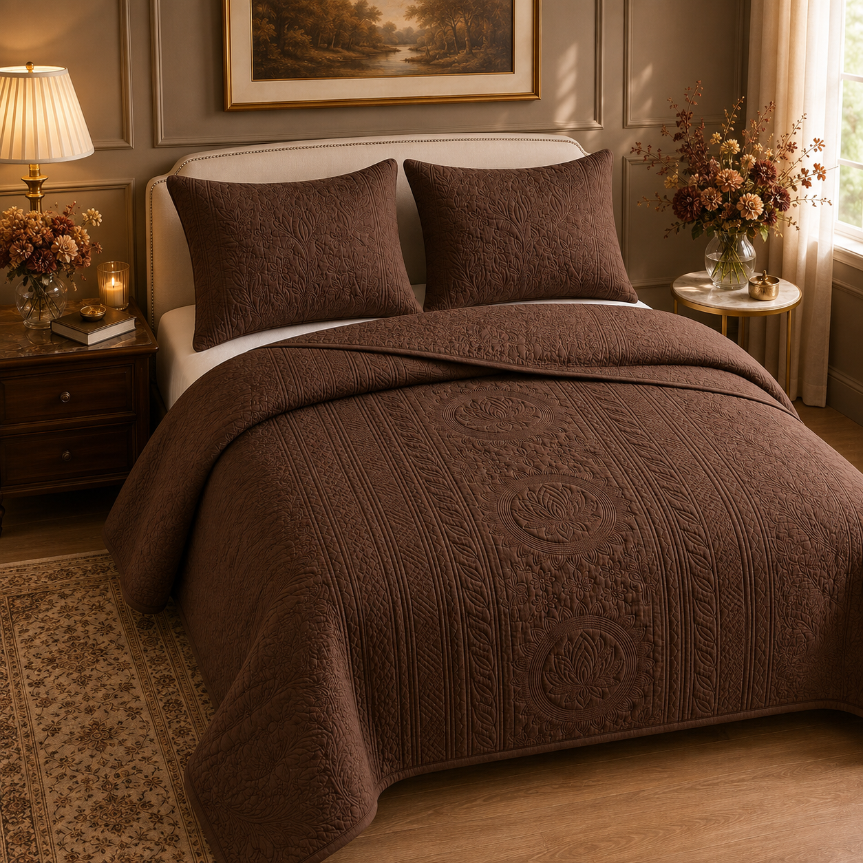 Royal Orchid quilted bedding set of 3 by The Gharnish, featuring elegant, plush bedcovers with intricate quilting design.