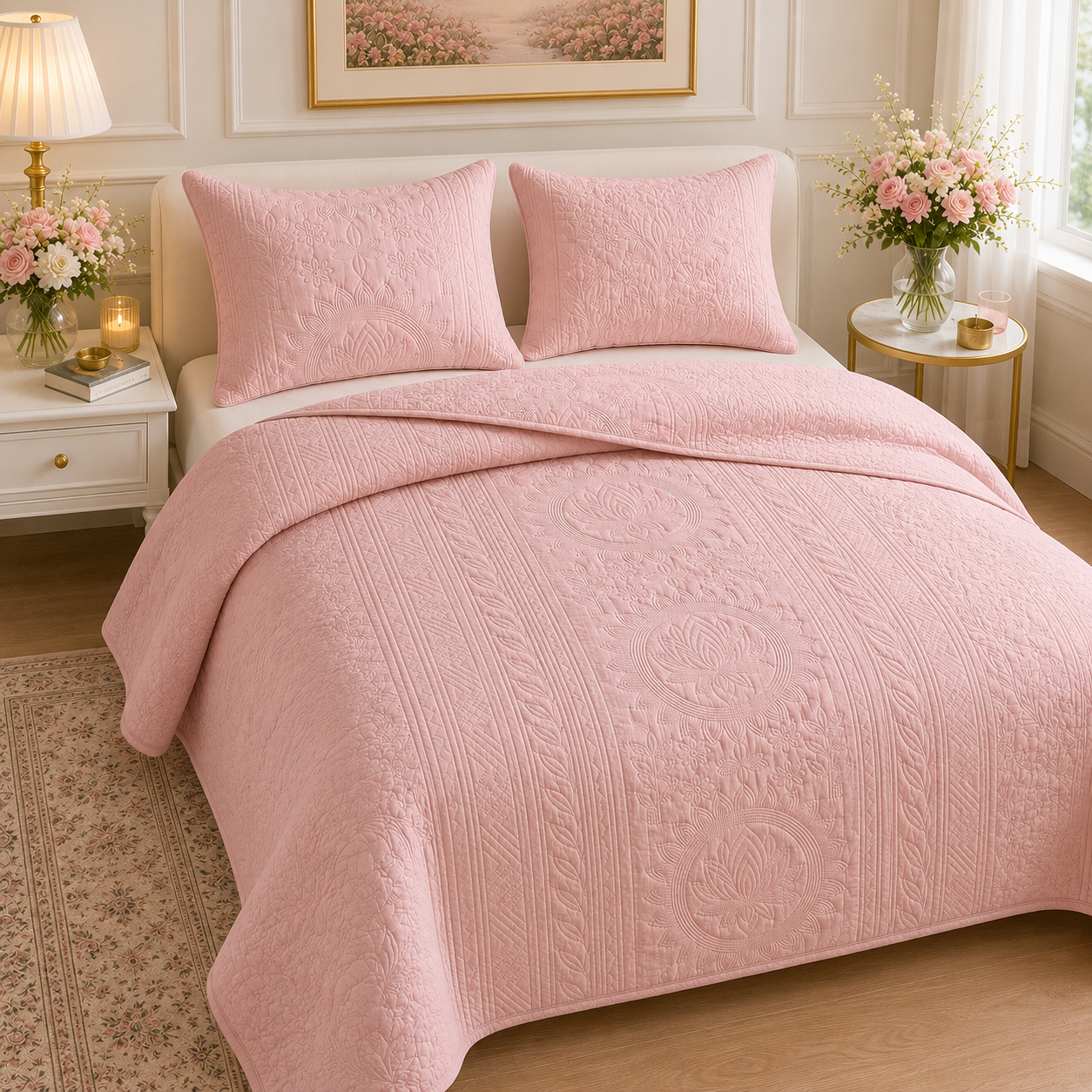 Royal Orchid quilted bedding set of 3 by The Gharnish, featuring elegant floral patterns and soft, comfortable fabric for a luxurious bedroom.
