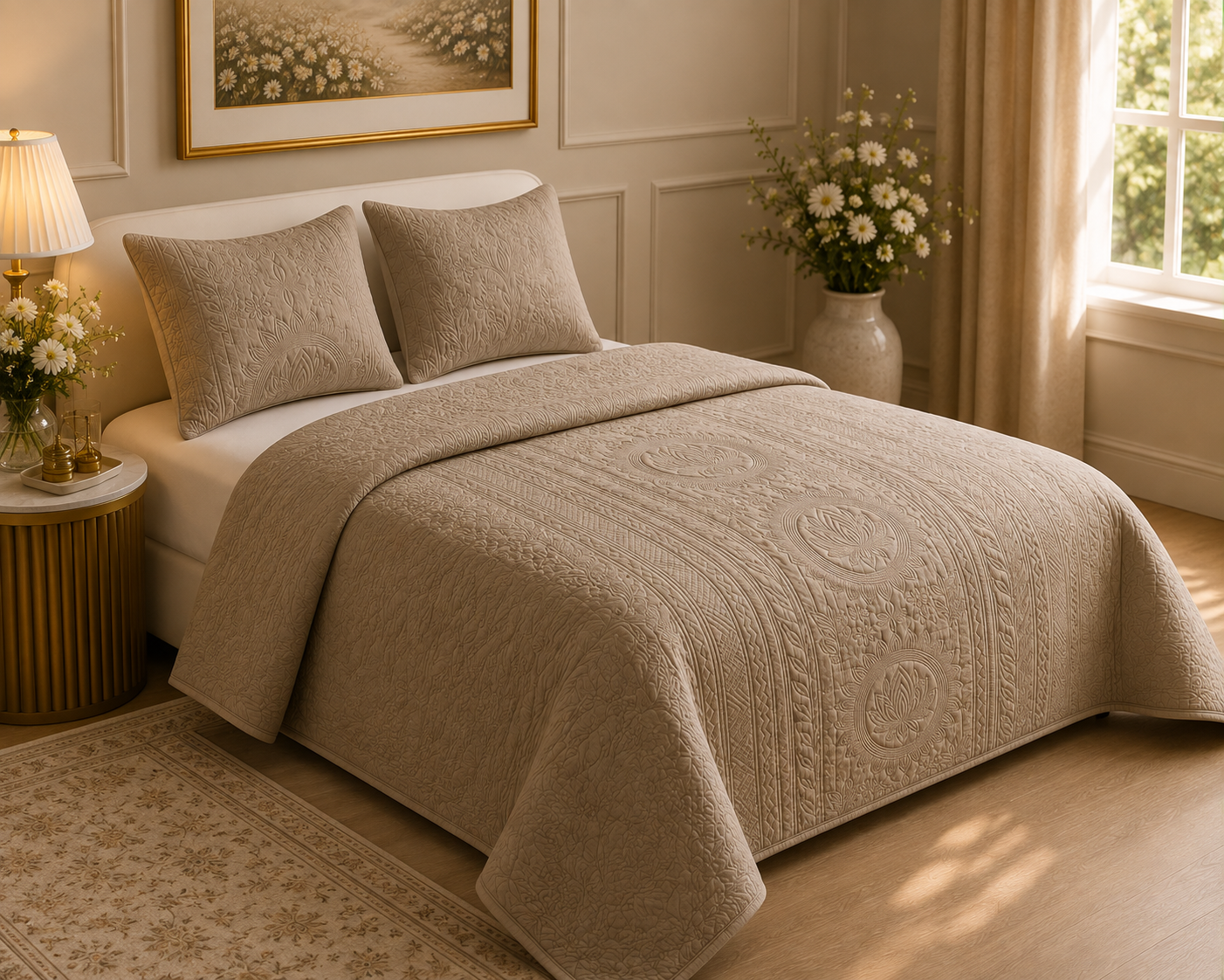Royal Orchid quilted bedding set of 3 by The Gharnish, featuring elegant floral patterns and soft, luxurious fabric.