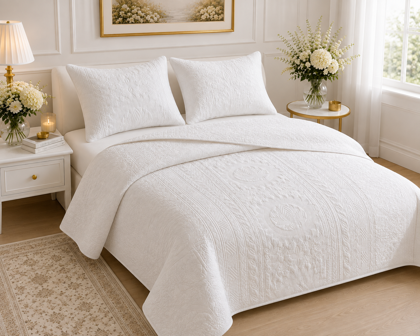 Royal Orchid quilted bedding bedcover set of 3 by The Gharnish, featuring elegant floral patterns and soft fabric for a luxurious look.