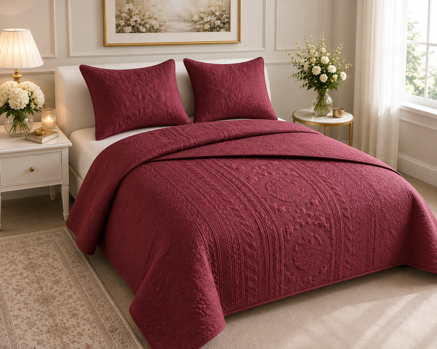 Royal Orchid quilted bedcover set of 3 from The Gharnish, featuring elegant floral patterns and soft, comfortable bedding design.