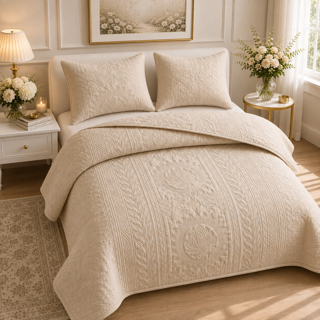 Set of three Royal Orchid quilted bedding bedcovers by The Gharnish, featuring elegant floral patterns and soft fabric textures.