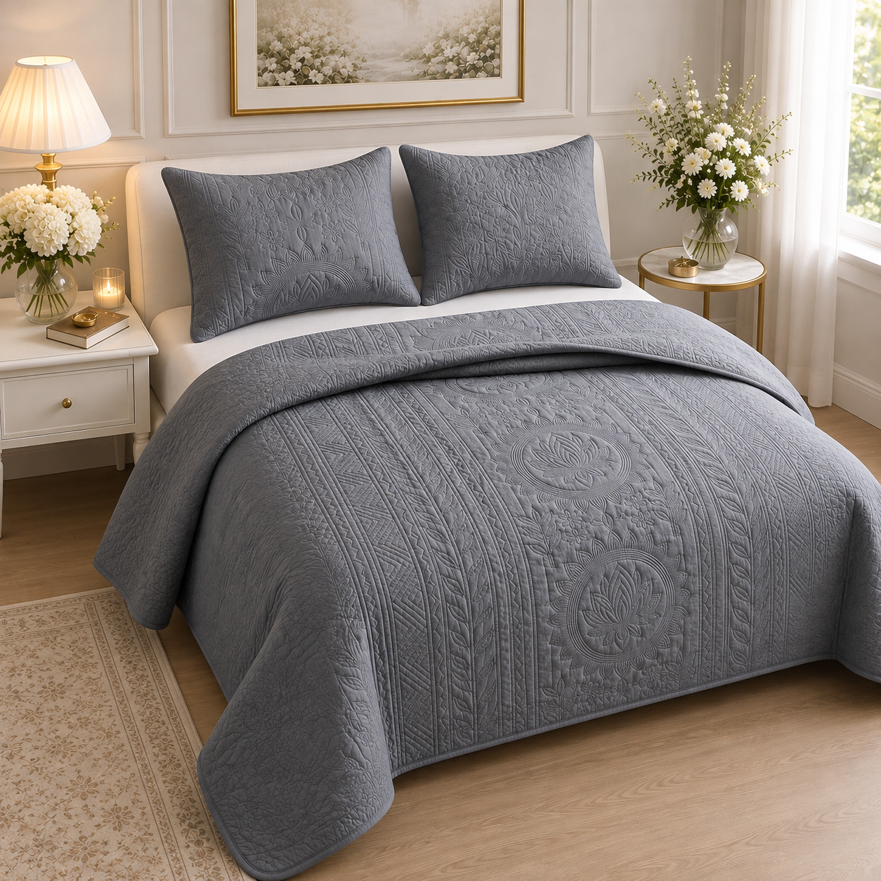 Royal Orchid quilted bedding set of 3 by The Gharnish, featuring elegant floral patterns and soft, comfortable fabric.