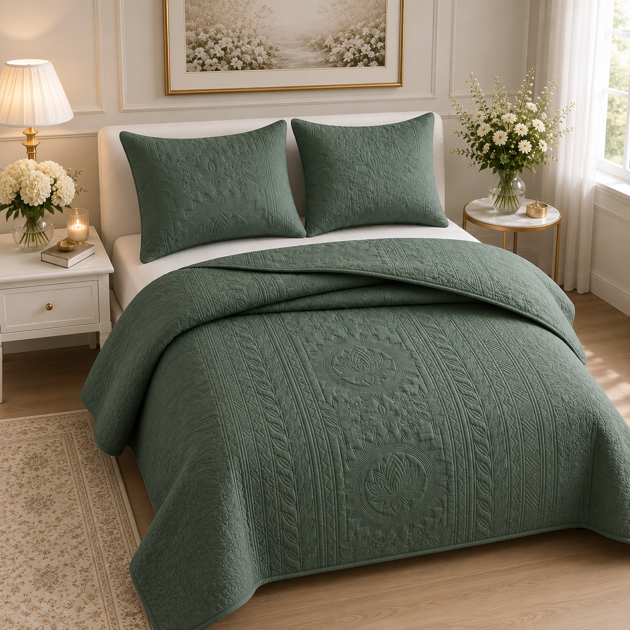Royal Orchid quilted bedding set of 3 by The Gharnish, showcasing elegant floral patterns and plush quilted fabric for a luxurious look