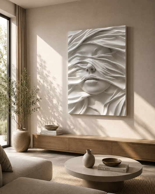 Elegant wooden wall art piece from The Gharnish's Veil of Serenity collection, featuring intricate carved design on natural wood.
