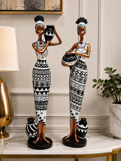 Abstract tribal grace duo sculptures by The Gharnish, modern figurines for home or office decor, featuring intricate tribal-inspired designs.
