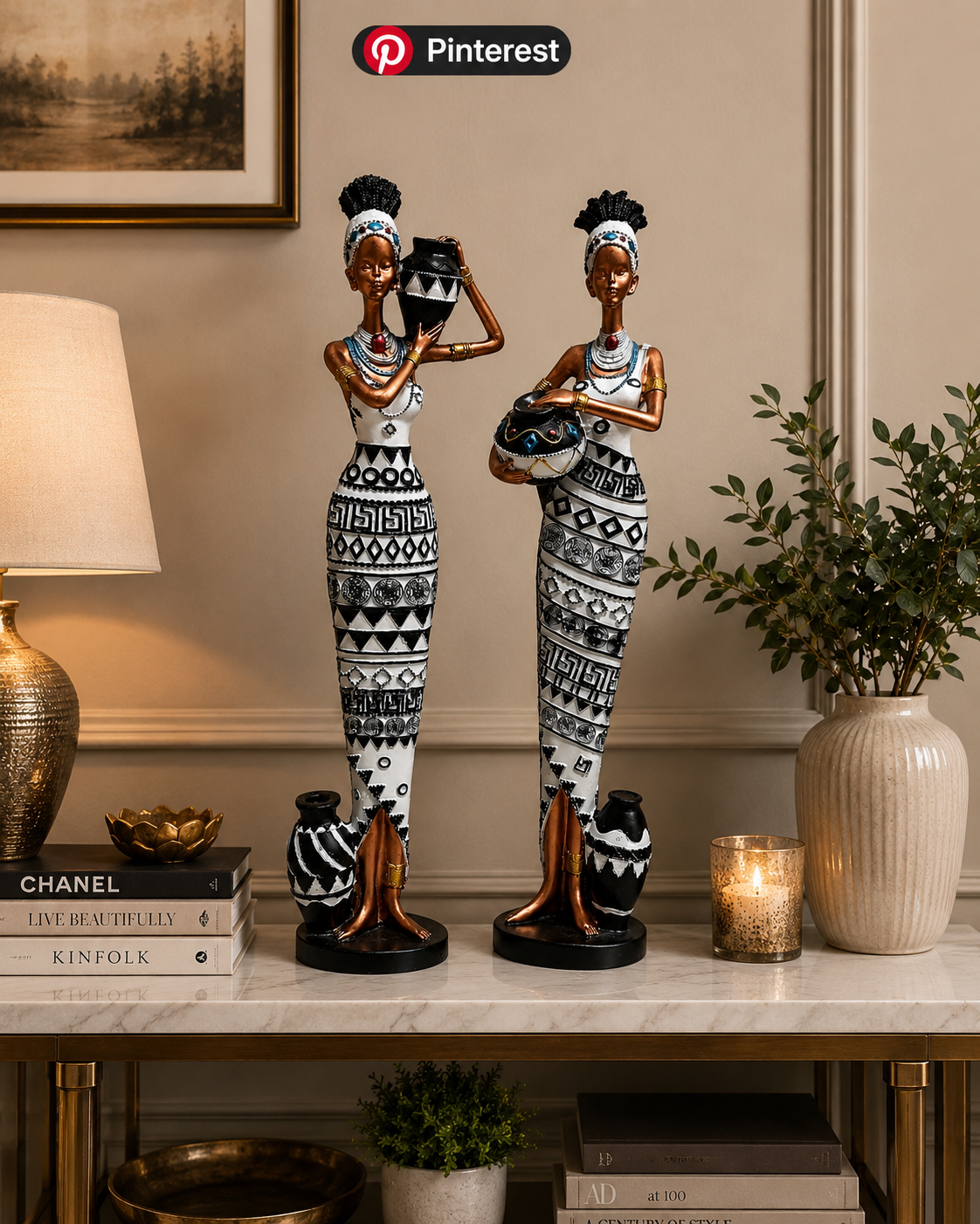 Abstract tribal-inspired figurines called Tribal Grace Duo Sculptures by The Gharnish, ideal for home or office decor.