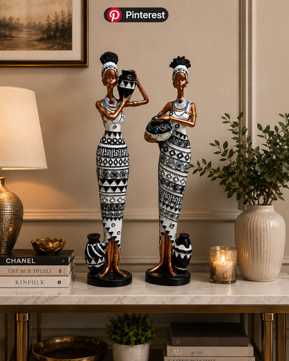 Abstract tribal-inspired figurines called Tribal Grace Duo Sculptures by The Gharnish, ideal for home or office decor.