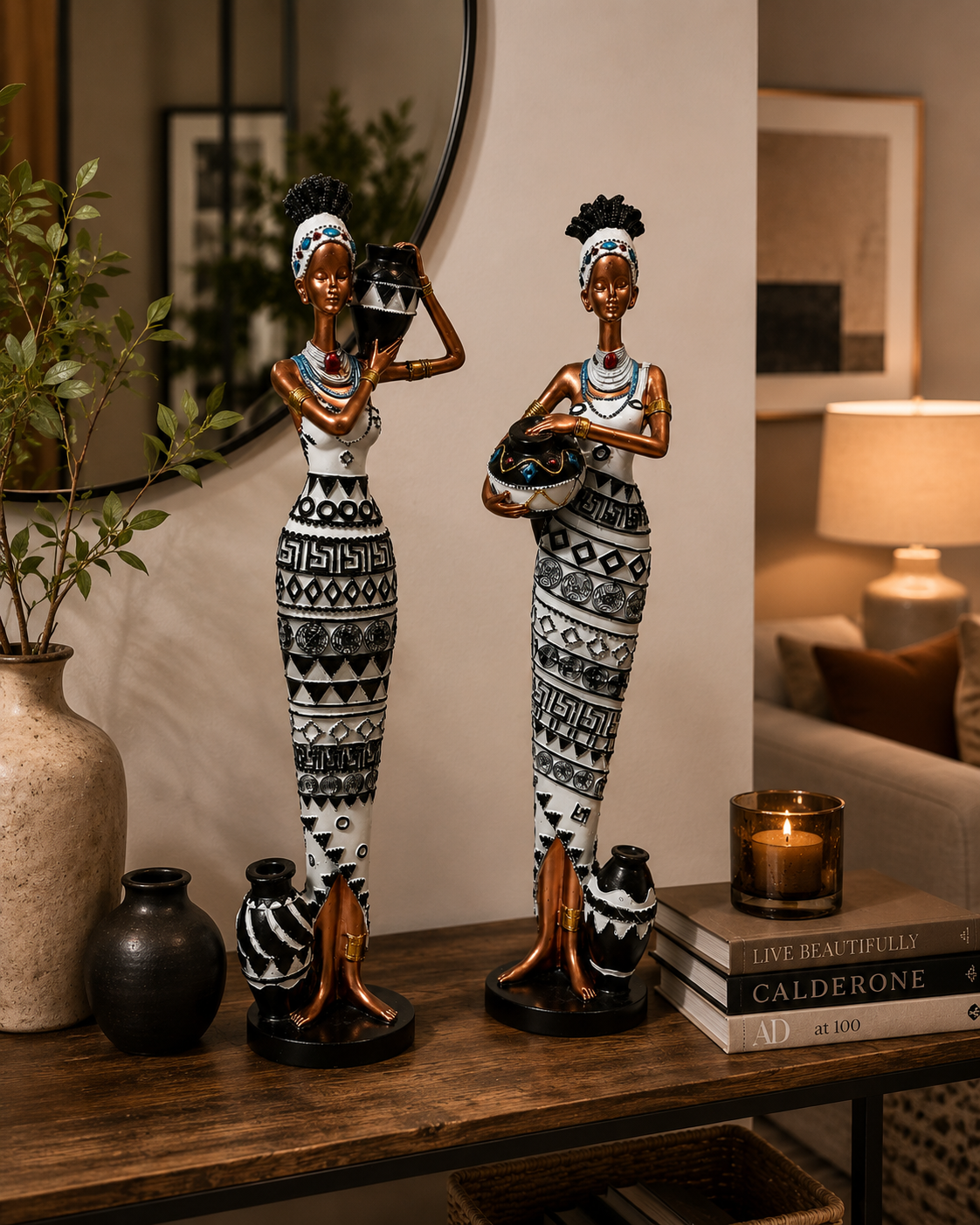 Abstract tribal-inspired figurines called Tribal Grace Duo Sculptures by The Gharnish, designed for home and office decor.