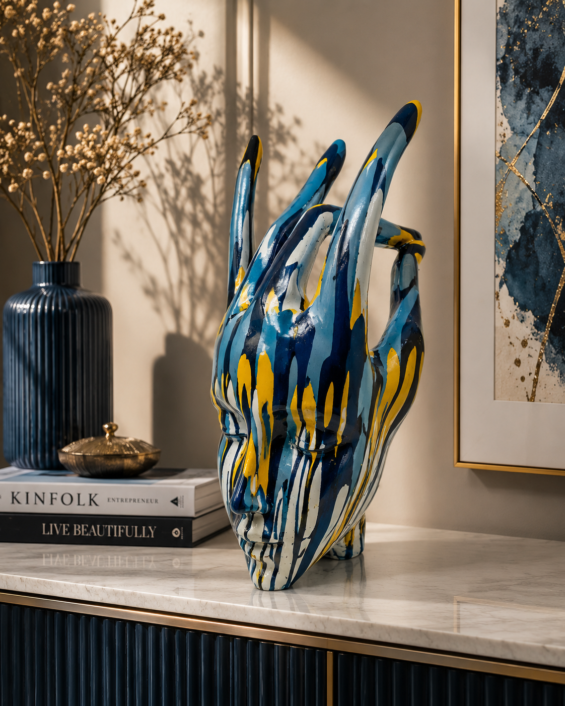 Abstract blue face sculpture by The Gharnish, modern decorative figurine for living room or office table decor.