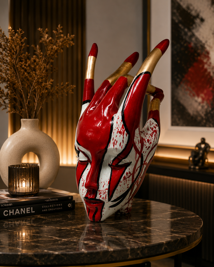 Abstract blue face sculpture by The Gharnish, modern luxury figurine for living room or office decor.
