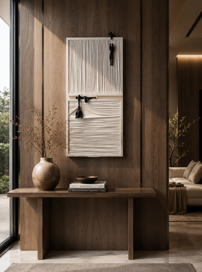 Silent Struggle wooden wall art by The Gharnish featuring intricate carved wooden frames with abstract design.