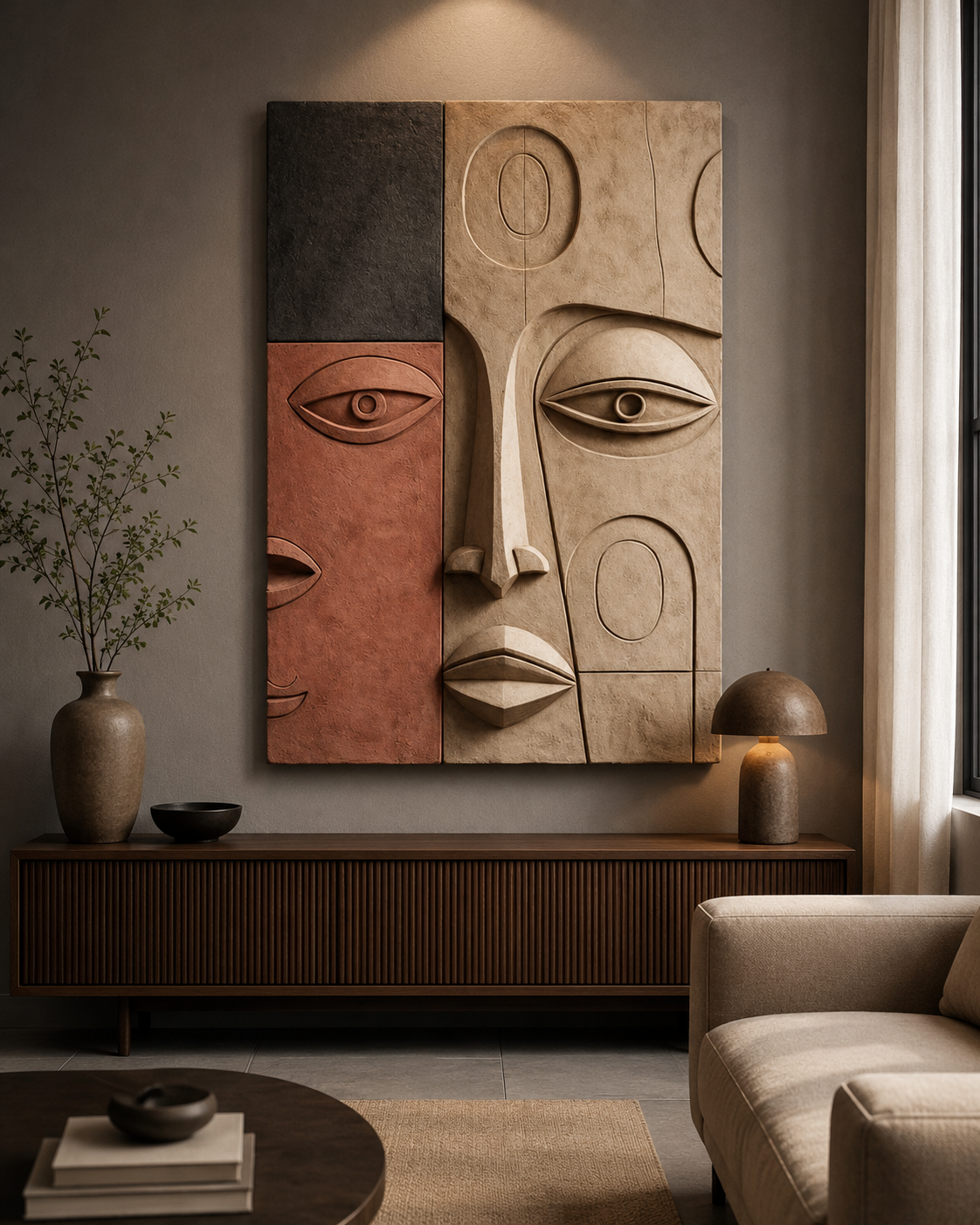 Wooden wall art decor featuring contemporary Harmony Faces design by The Gharnish, suitable for modern interior wall decoration.